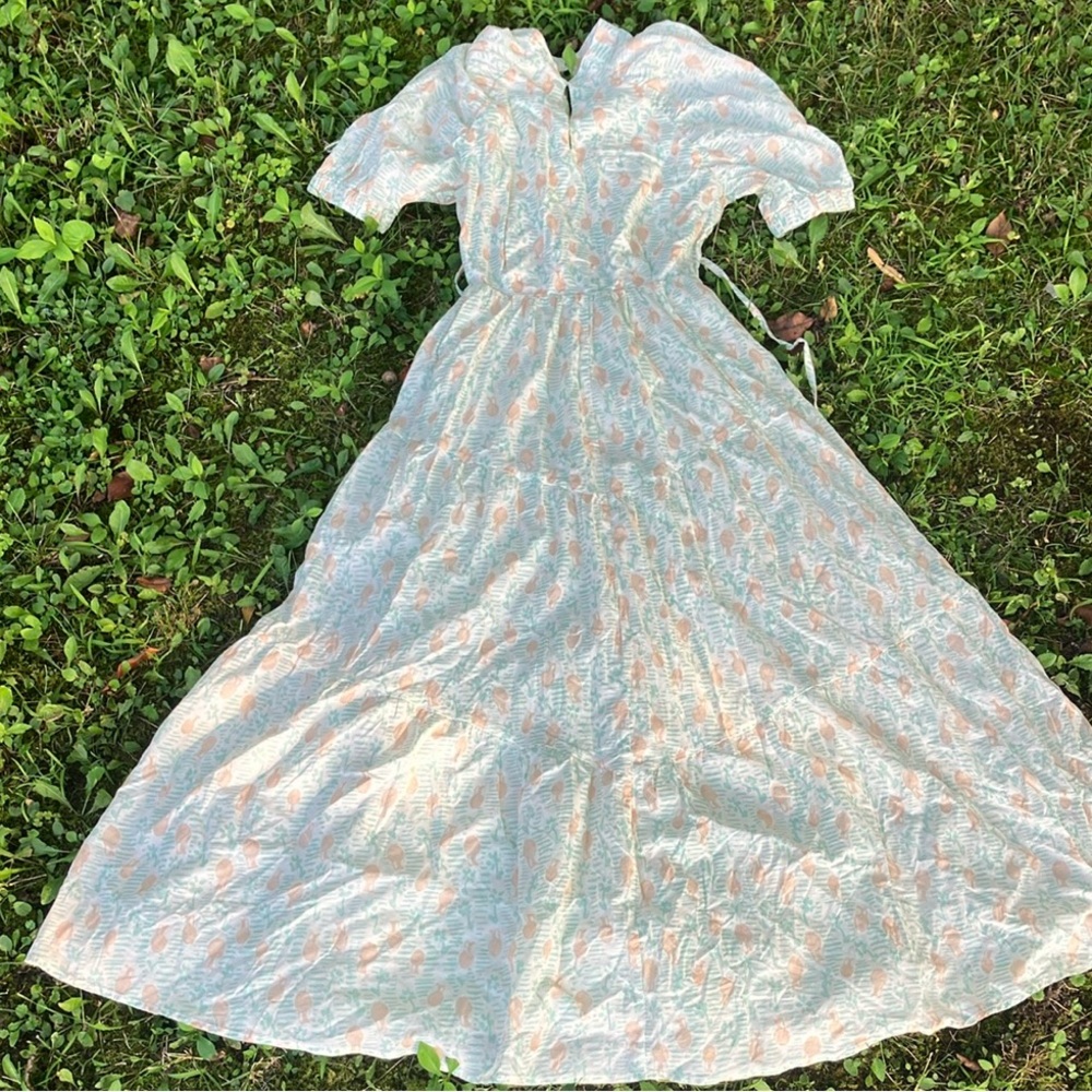 Pamela Love Green and White Puff Sleeve Maxi Dress w/cut outs